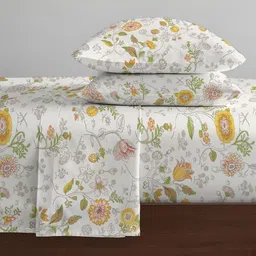LIVSPACE Yellow & Green Floral Printed 144 TC Bedsheet with 2 Pillow Covers image 3
