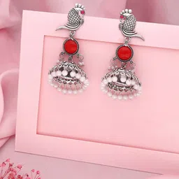 Anouk Gold-Plated Artificial Stones Studded & Beaded Floral Shaped Jhumkas-picture-56