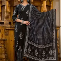 BAIRAJ Floral Printed V-Neck Straight Kurta with Trousers And Dupatta image 2