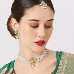 fabula Kundan Stone-Studded & Pearls Beaded Multi Layer Choker Jewellery Set image 5