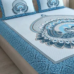 DGSM CRAFT Blue & Multicoloured Ethnic Motifs 144 TC King Bedsheet with 2 Pillow Covers-picture-25