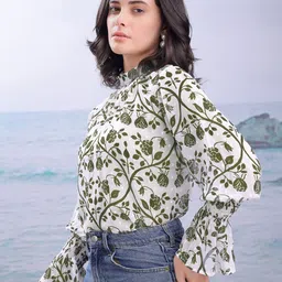 PURVAJA Women Green Printed Georgette Regular Top image 3