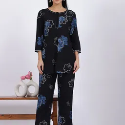 W Black Floral Printed Round Neck Tunic With Trousers-image-66