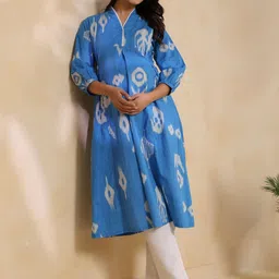 CRAFIQA Women Geometric Printed Maternity Azure Classic Ikat Cotton A-Line Kurta image 5