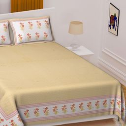 Texstylers Yellow & White Floral Printed Cotton 144 TC Queen Bedsheet with 2 Pillow Covers-picture-47