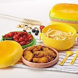 Burger Shaped Lunch Box 2 Layer Tiffin Box for Kids (Polycarbonate, Multicolor) 3 Containers Lunch Box image 3