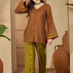 Sangria Jaquard Woollen V-Neck Tunic with Trousers Co-Ords-image-61
