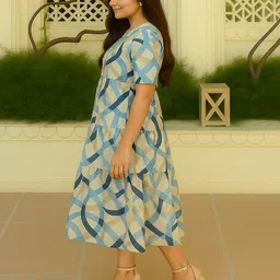 GAB Women Abstract Printed Puff Sleeve Tiered Cotton Fit & Flare Midi Dress image 2