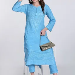 KHAKA Women Ethnic Motifs Embroidered Regular Chikankari Pure Cotton Kurta with Trousers-picture-21