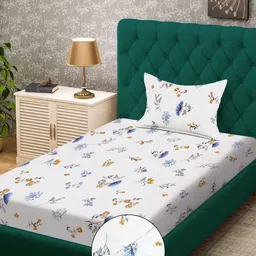 KLOTTHE White & Blue Printed 300 TC Single Bedsheet With 1 Pillow Cover - 2.25 x 1.50 m-picture-28