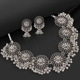 GRLIE Beaded Oxidised Floral Necklace & Earrings With Maang Tika-picture-25