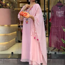 HERE&NOW Women Embroidered Regular Pure Silk Kurta with Trousers & Dupatta image 3