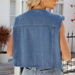 Oh Rare Collarless Sleeveless Pockets Denim Jacket image 2