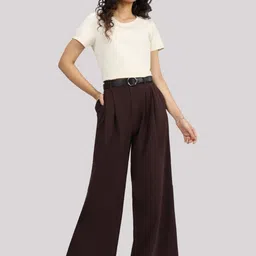 Blissclub Women Brown High-Rise Wrinkle Free Korean Tailored Cotton Trouser-image-79