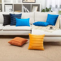 Khooti Blue & Yellow Striped Square Cushion Covers image 3