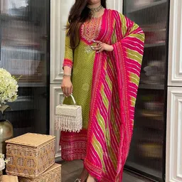 GoSriKi Bandhani Printed Round Neck Zari Straight Kurta With Trousers & Dupatta-picture-48