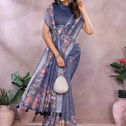 DIVASTRI Floral Blue Zari Linen Blend Jamdani Saree image 2