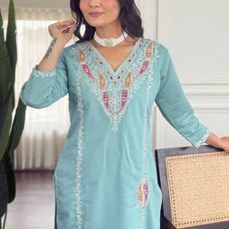 SUPPAR SLEAVE Women Embroidered Regular Chanderi Silk Kurta with Trousers & With Dupatta-image-15