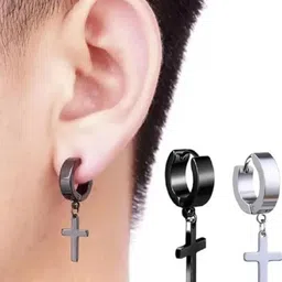 Zoey Men Set Of 2 Rhodium-Plated Cross Quirky Drop Earrings image 3