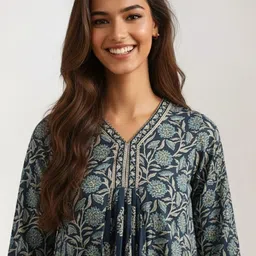KALINI Floral Printed V-Neck A-Line Cotton Kurta image 2