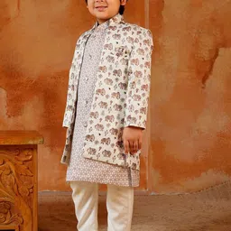 Aj DEZInES Boys Grey Jacquard Full Sleeves Rich Elephant Embroidery Sherwani image 3
