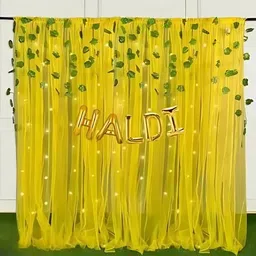 decor sparks 6Pcs Haldi Decoration Set with Yellow Net Curtain, Foil & Leaves-picture-23