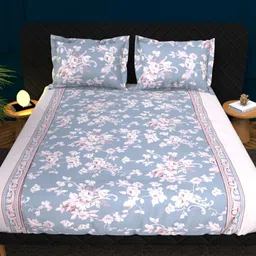 THE WHITE MOSS Grey & White Floral Printed Cotton 210 TC King Bedsheet Set 2.75 m x 2.75 m-picture-4