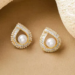 Rubans Voguish 18K Gold-Plated Crystals Studded And Pearls Beaded Teardrop Shaped Studs image 3