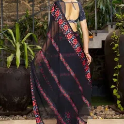 GHAN SALS Floral Print Baluchari Saree with Unstitched Blouse Piece image 2