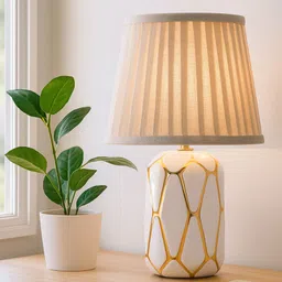 homesake Contemporary Ceramic Bedside Table Lamp with Fabric Shade, White Gold Hive Table Lamp-picture-13