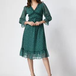 Fuchsia Printed Bell Sleeve Fit & Flare Dress-image-18