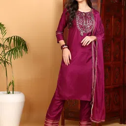 AHIKA Women Floral Embroidered Regular Mirror Work Kurta with Trousers & With Dupatta-image-0