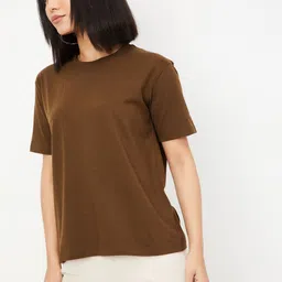 max Women Printed Round Neck Pure Cotton Brown T-Shirt image 5