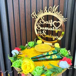 creative horizon Artificial Flower Haldi and Mehendi Platter With Name and Date Wood, Plastic Decorative Platter image 3