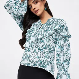 Kibo Women Floral Printed Ruffles Crepe Top-image-3