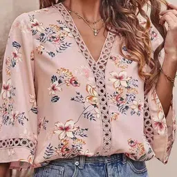 StyleCast Beige & Pink Floral Print Flared Sleeve Chiffon Top-picture-35