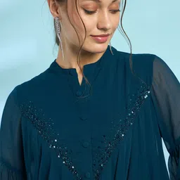 Antheaa Embellished Mandarin Collar Bell Sleeve Chiffon Top image 2