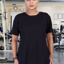 myo Women Solid Round Neck Reversible Polyester Black T-Shirt image 1