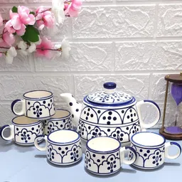 nohunt Pack of 7 Ceramic Blue Dot Tea Kettle With Set of 6 Cups | Morning Tea Set | Perfect For Gifting-picture-12