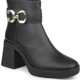 Women Black Block Heel Chunky Boots With Buckle Detail Boots For Women-image-34