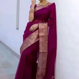 ss sarees Solid/Plain, Woven, Striped Banarasi Organza Saree image 4