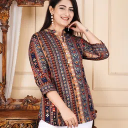 Party Roll Up Sleeves Printed Women Blue Top-image-31