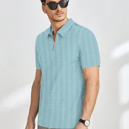 combraided Men Self Design Polo Neck Polycotton Light Blue T-Shirt image 2