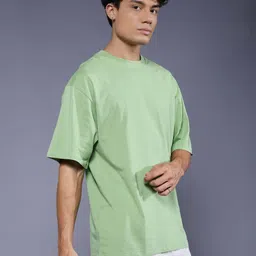 pronk Men Solid Round Neck Pure Cotton Green T-Shirt image 3