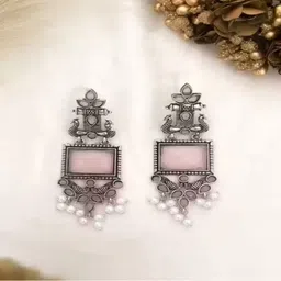 sangam enterprise Set Of 2 Silver-Plated Artificial Stones and Beads Square Oxidised Drop Earring Brass Hoop Earring image 2