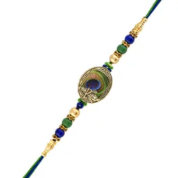 voylla Thread Peacock Feather Beaded Single Rakhi Mauli Thread Chawal Roli PackSet image 2