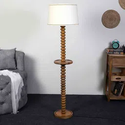 White Iron & Cloth Shade Club Floor Lamp With Wood Base by Sapphire image 2