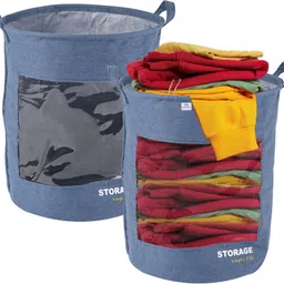 heart home Cotton, Polyester Pack of 2 Versatile 43L Clothes Basket with Handles | GM-27-LDENI | Light Denim Storage Basket-picture-16