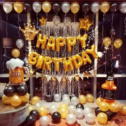 Birthday Decoration Combo KIT with Curtain Bottle Golden Star Black Golden Silver Balloons Party Decoration-image-43