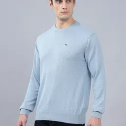 cantabil Men Solid Round Neck Light Blue Sweater image 3
